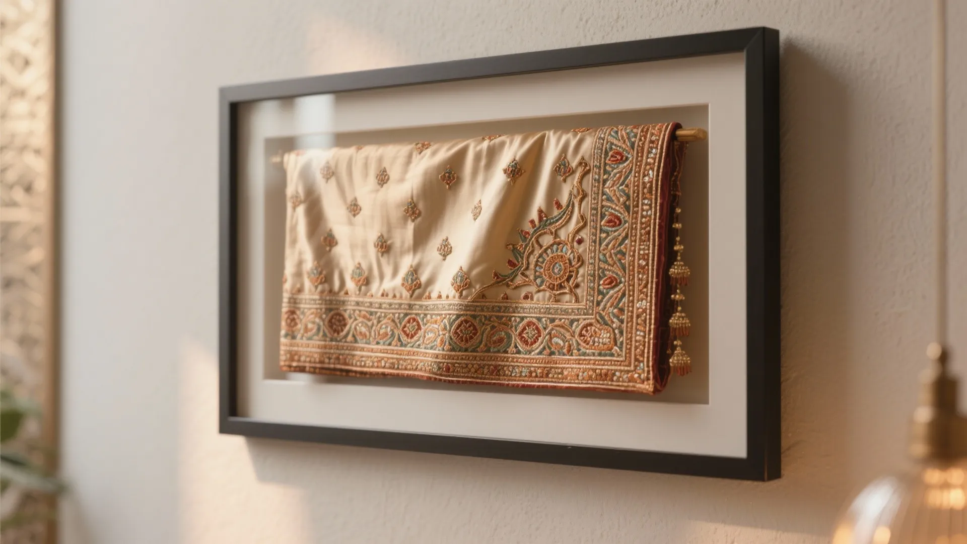 Framed embroidered silk dupatta displayed on accent wall