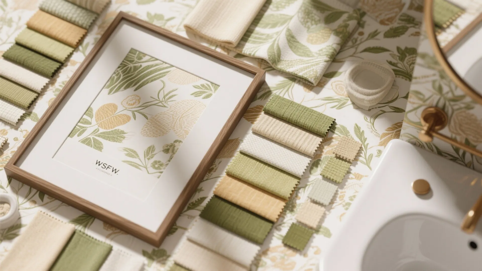Framed fabric and wallpaper swatches for bathroom decor