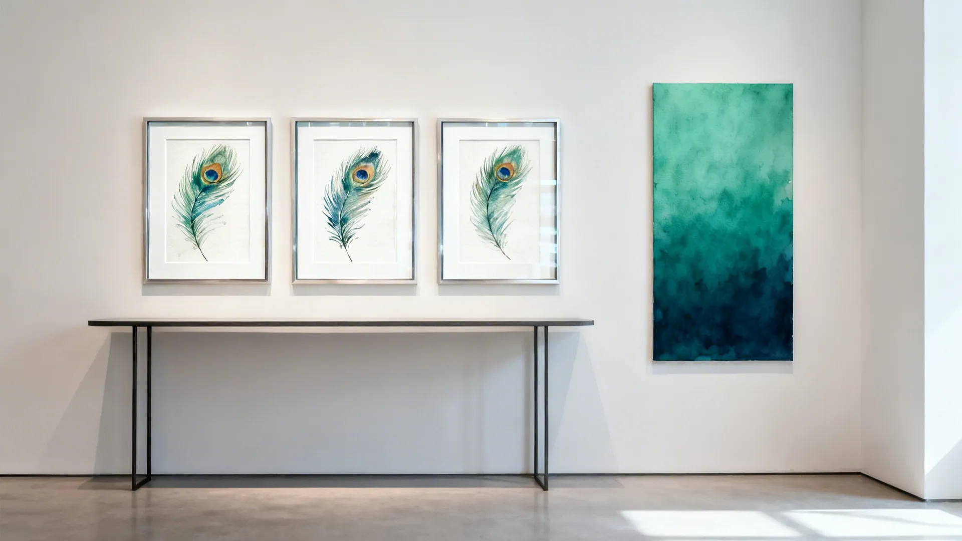 Three framed peacock feathers with wide white mats and a teal gradient panel above a console.