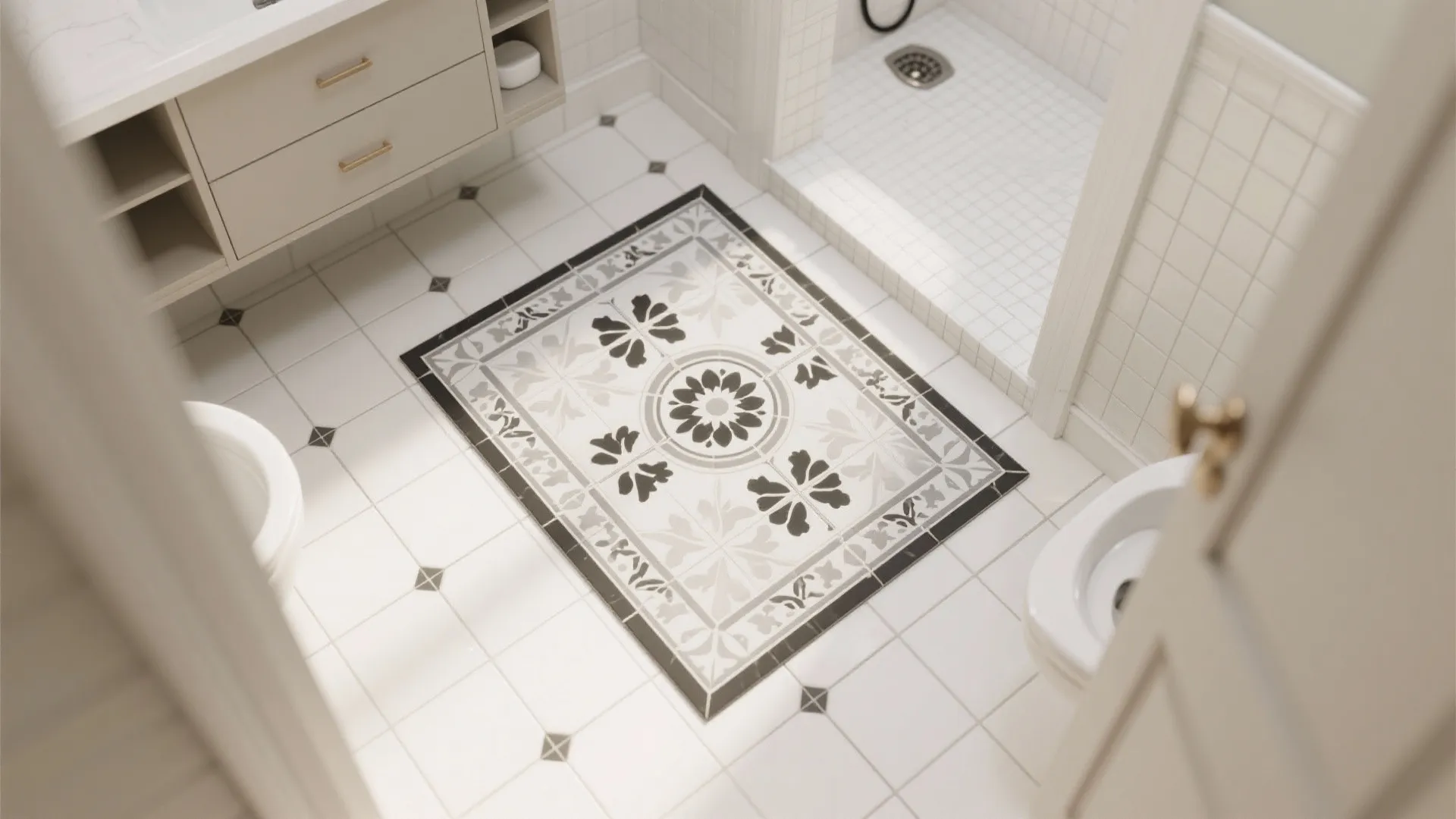 Top view of a small bathroom featuring decorative floor tiles and a light wood cabinet unit
