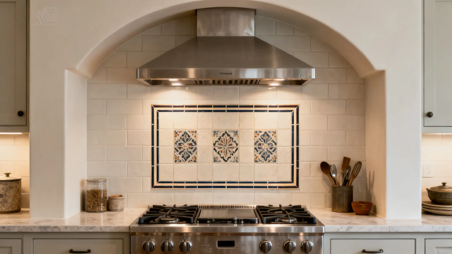Framed decorative tile panel behind a cooktop bordered by slim trim on a plain field tile wall.