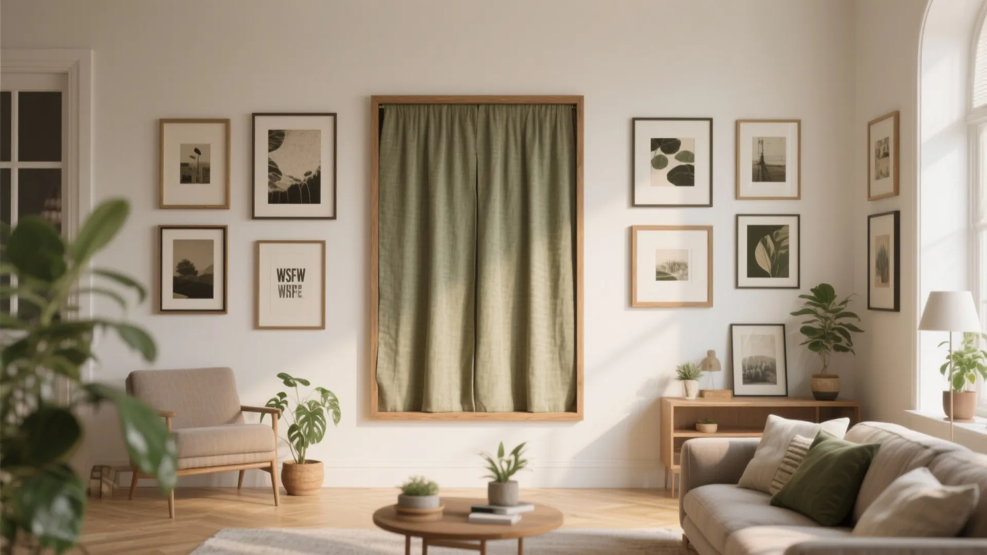 Living room gallery wall with green curtain centerpiece surrounded by multiple framed art pictures and plants
