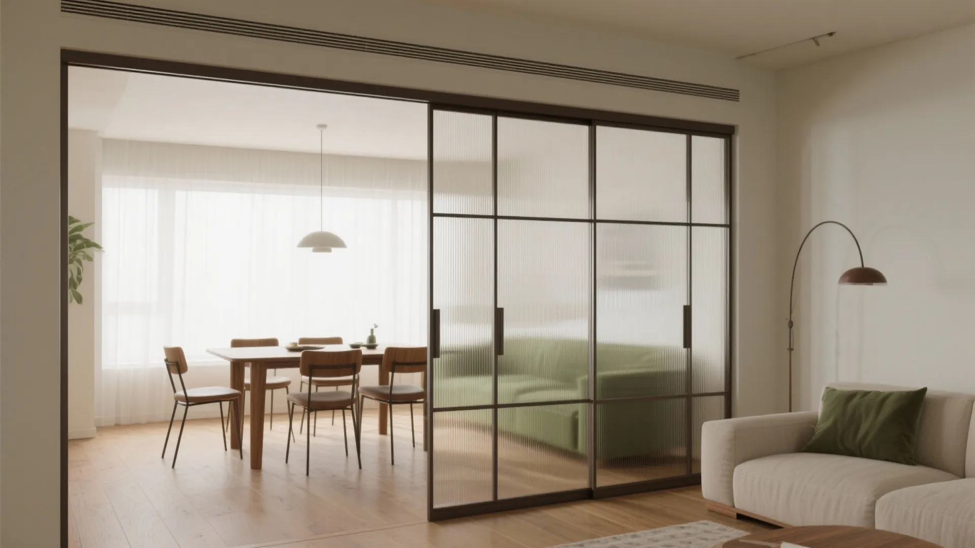 Modern dining room with wooden table and chairs separated by black glass sliding doors interior