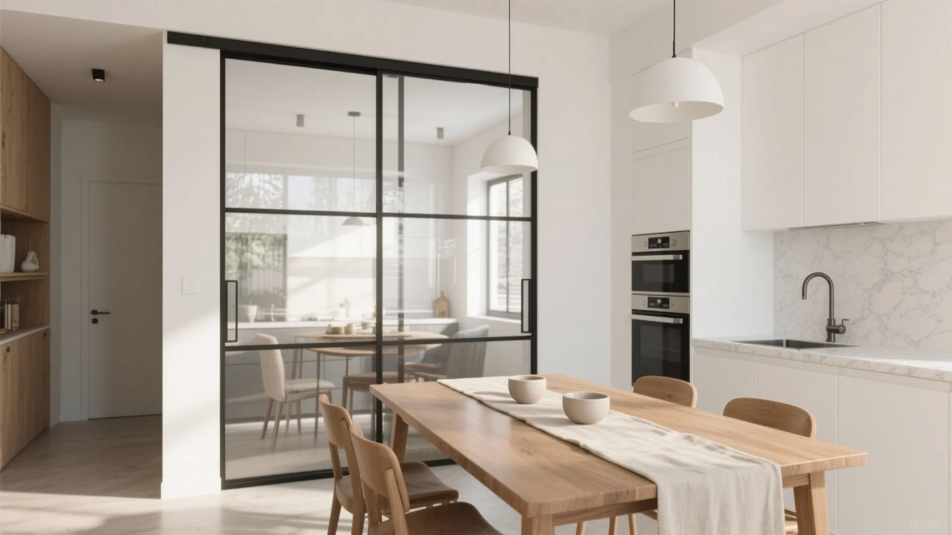 Framed glass partitions for light and quiet