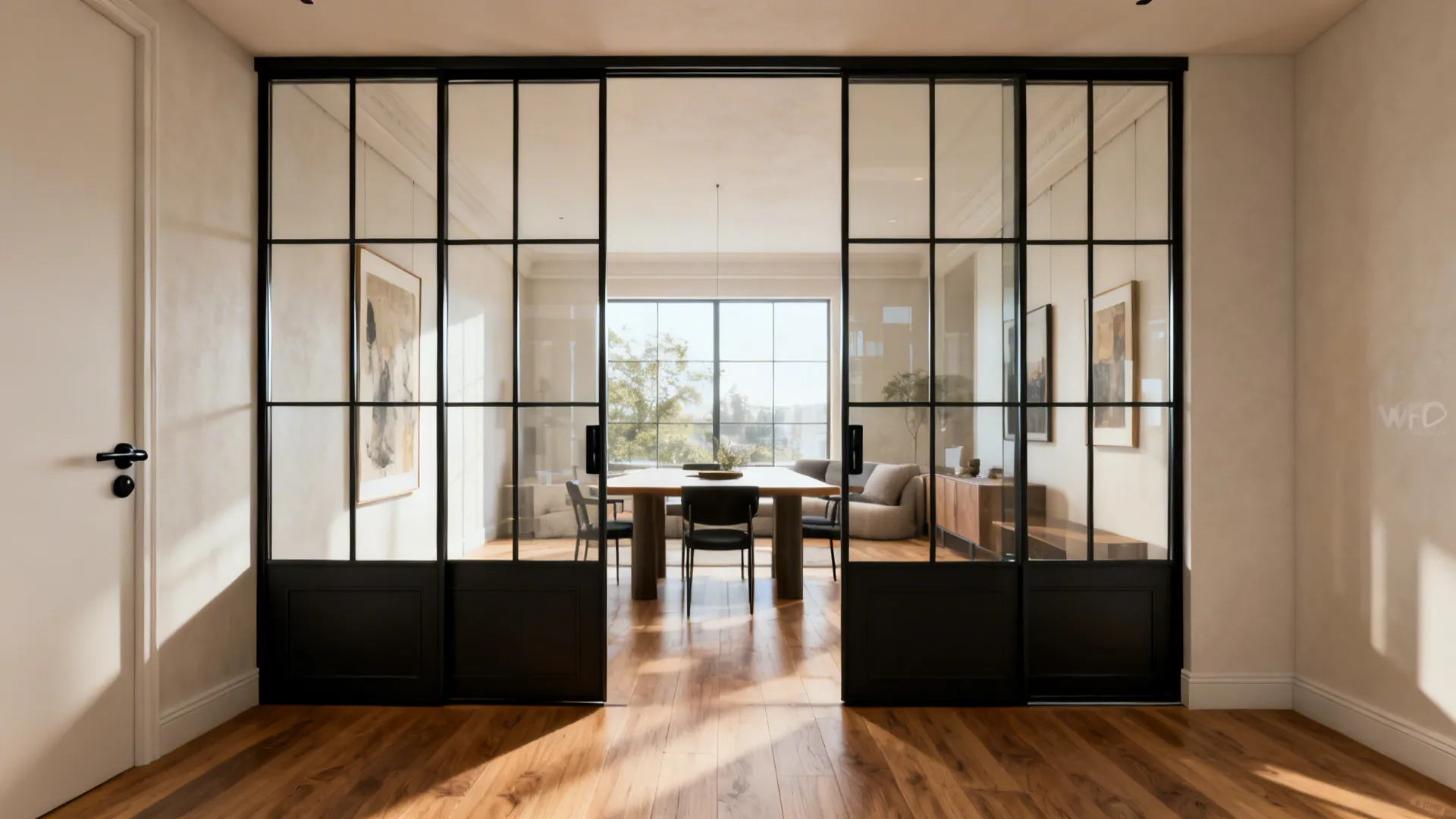 Black-grid framed glass partition with sliding door separates living and dining.