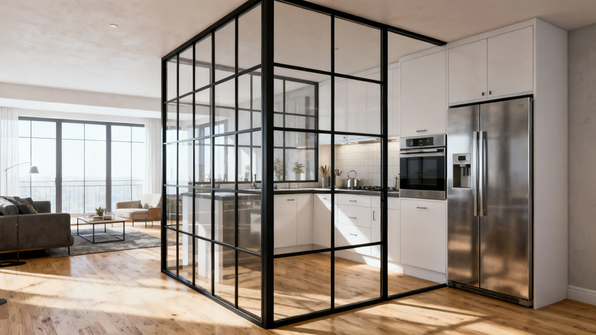 Slim black steel framed glass partition divides a bright small kitchen without blocking light.