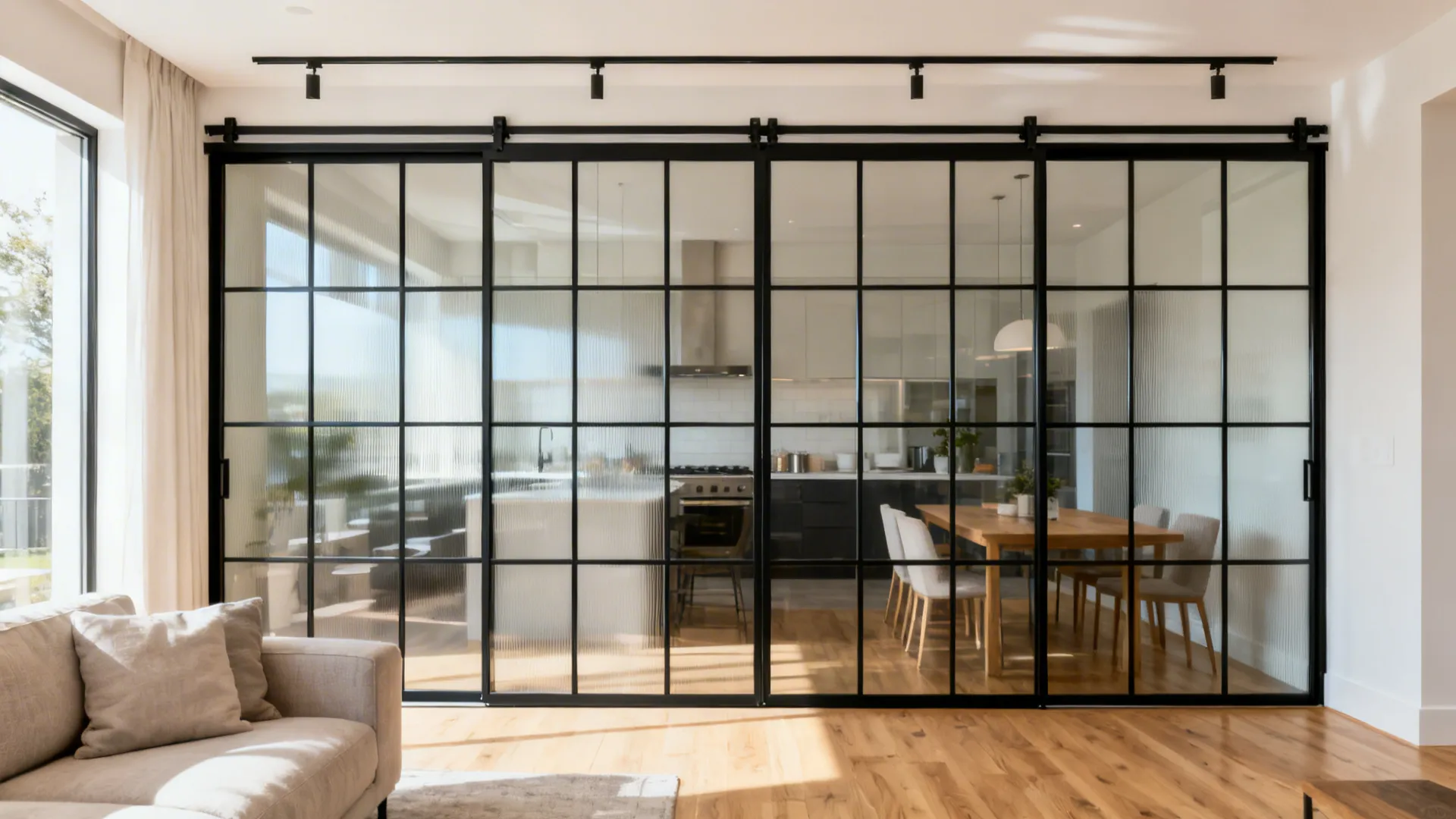 Black steel-framed glass sliding partition separates the living and dining areas while keeping light flowing.