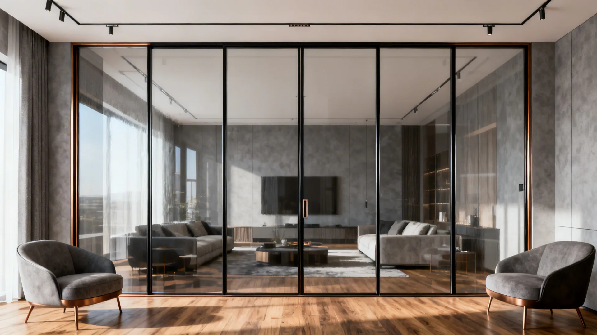 Slim black-framed glass partition with sliding door dividing bright drawing and living areas.