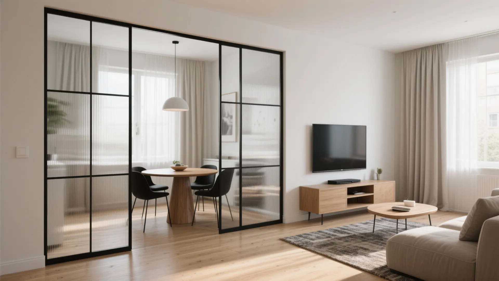 Black framed glass sliding doors separating a bright dining area from a cozy living room