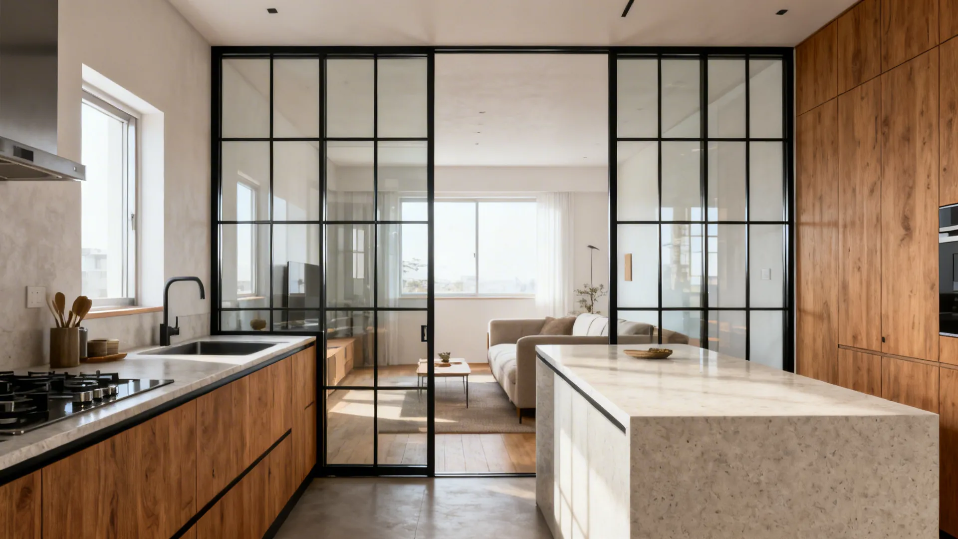 Slim-mullion steel framed glass screen separates a compact kitchen and bright living area.