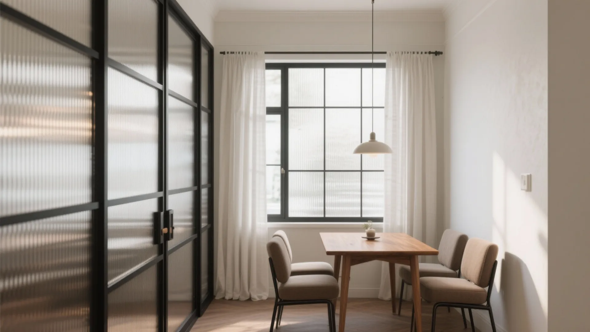 Framed Glass Partition with Sheer Curtains