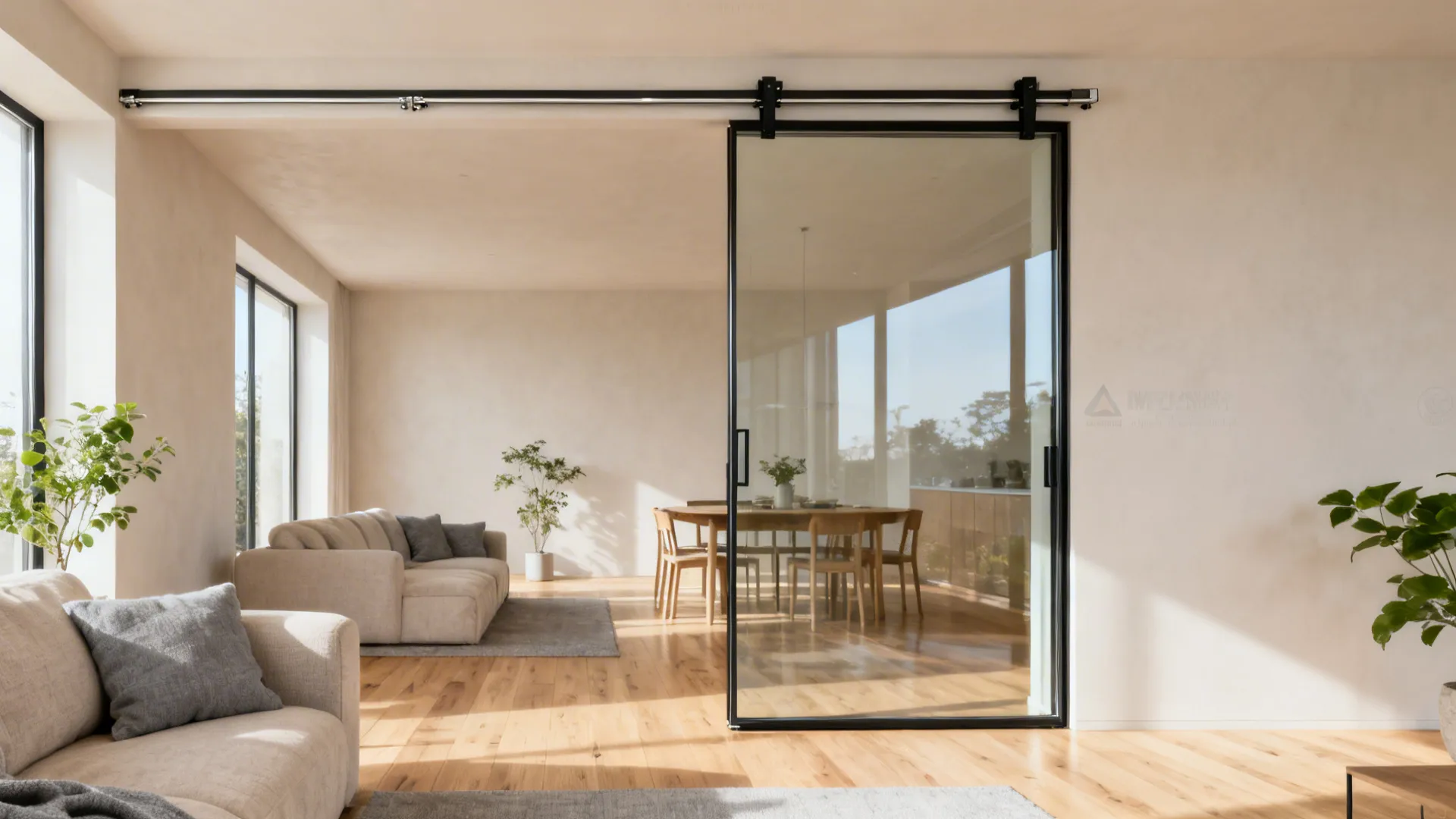 Minimalist slim-framed clear glass slider between a bright lounge and dining room.