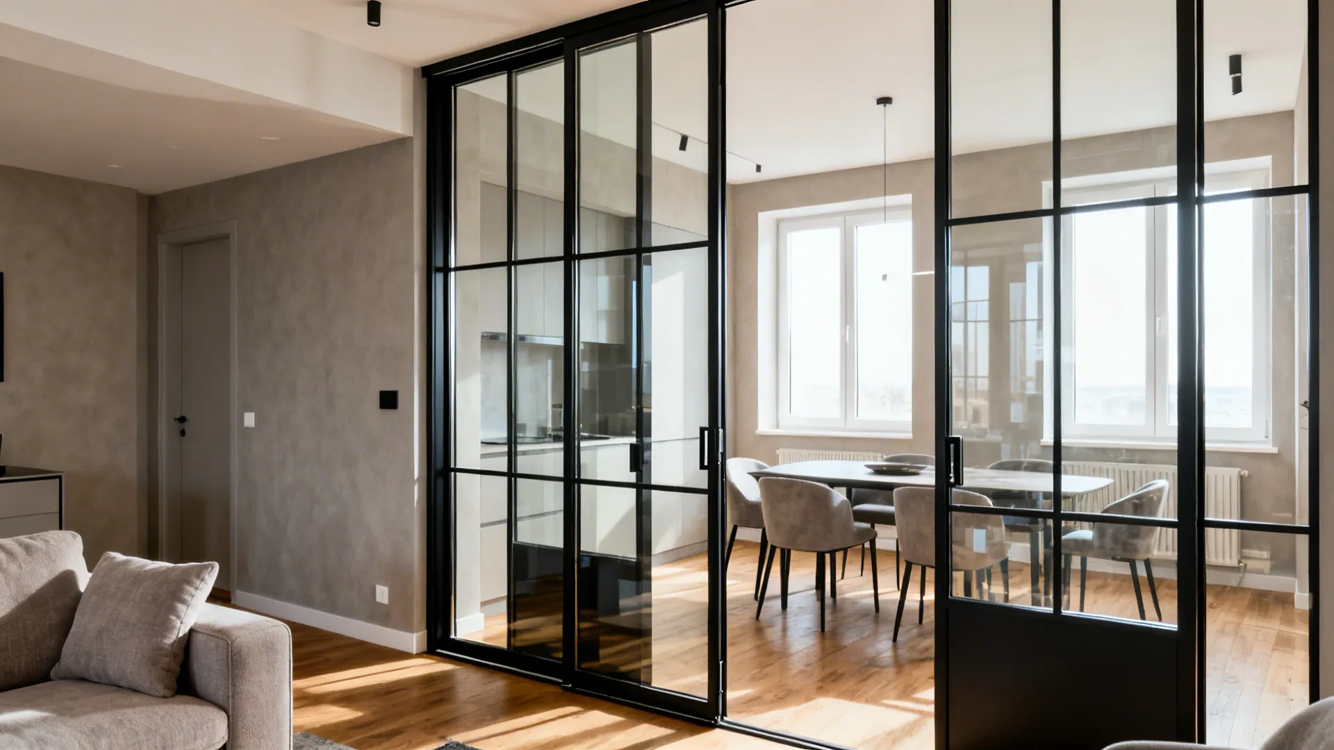 Sliding framed glass partition with slim black mullions separates living and dining while keeping daylight.