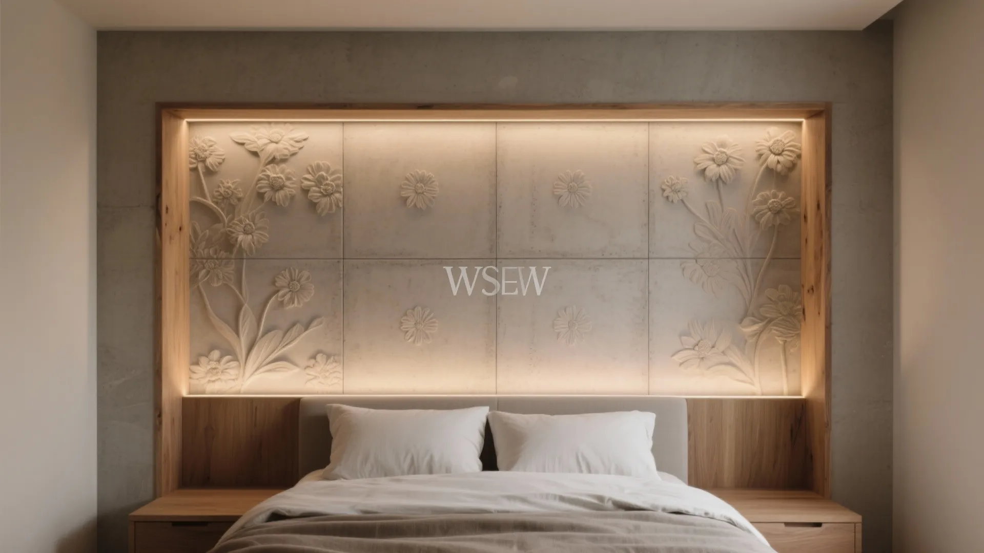 Framed Flower Panels: Cement + Wood Trim Headboard