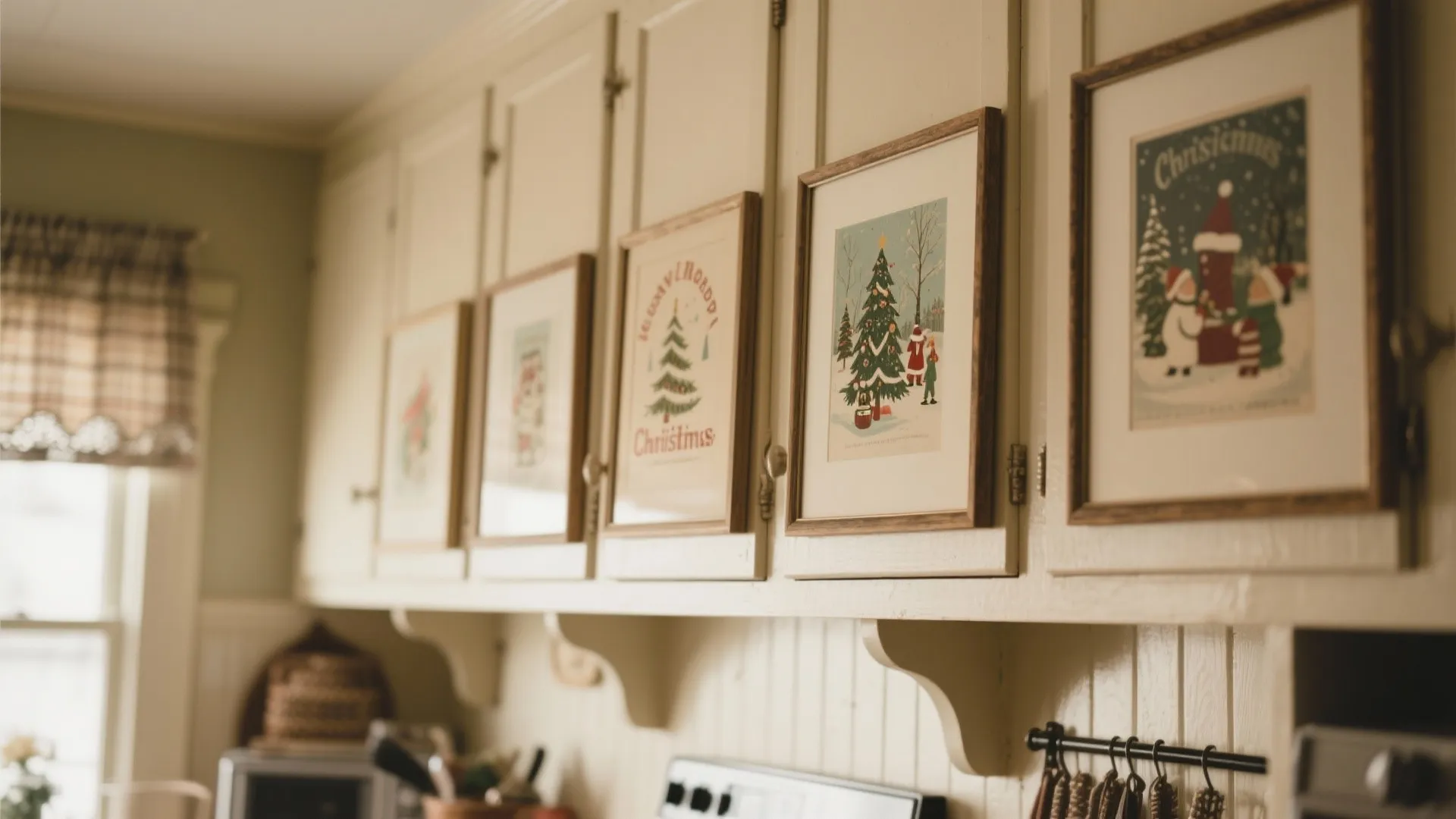 Framed holiday prints arranged above kitchen cabinets