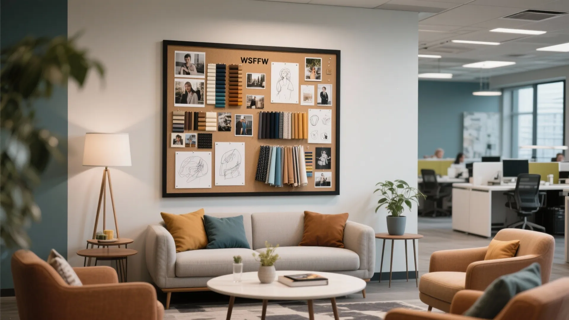 Office waiting area with a cork board displaying fabric samples and photos above a beige sofa