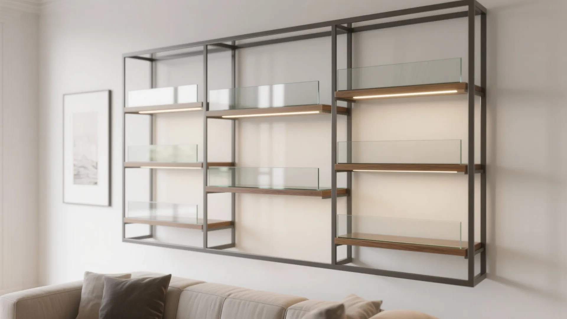 Framed Glass Display Wall with Integrated Lighting