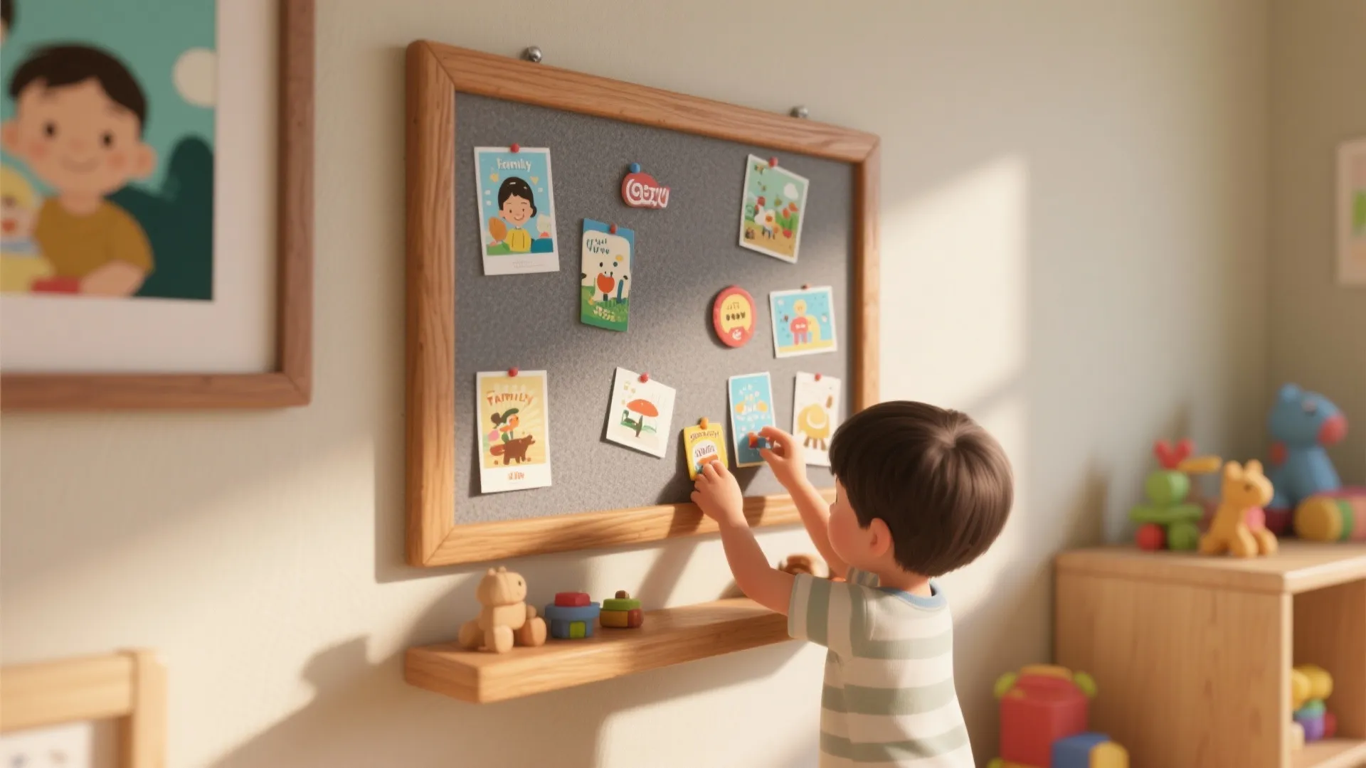 Young boy placing colorful photos on a gray wall board with a light wooden frame
