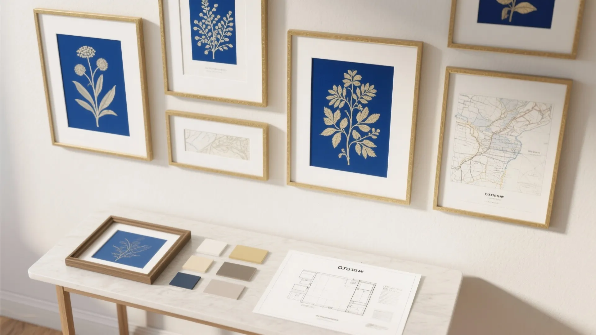 5. Framed Blue Maps or Botanical Prints with Gold Matting