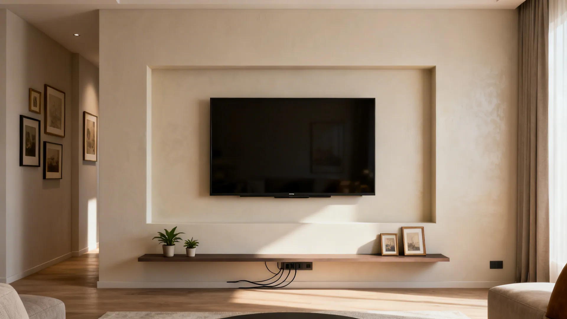 Living room TV set inside a painted recessed frame with a floating shelf and framed photos.
