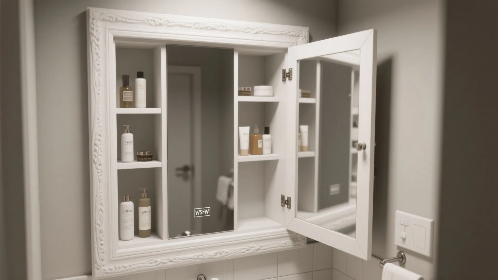 Recessed mirrored medicine cabinet hidden behind a white decorative frame with organized interior shelves.