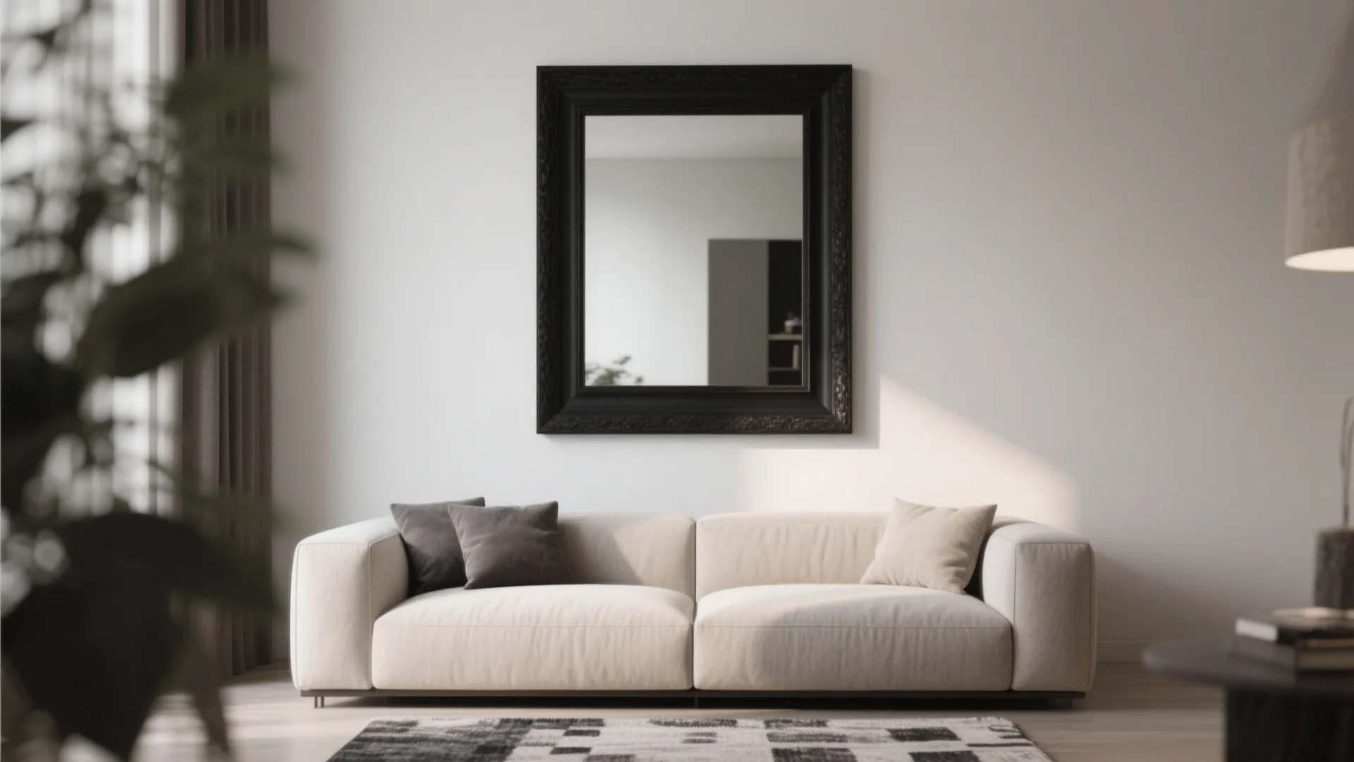 Minimalist living room with a white sofa black framed mirror and a black patterned area rug