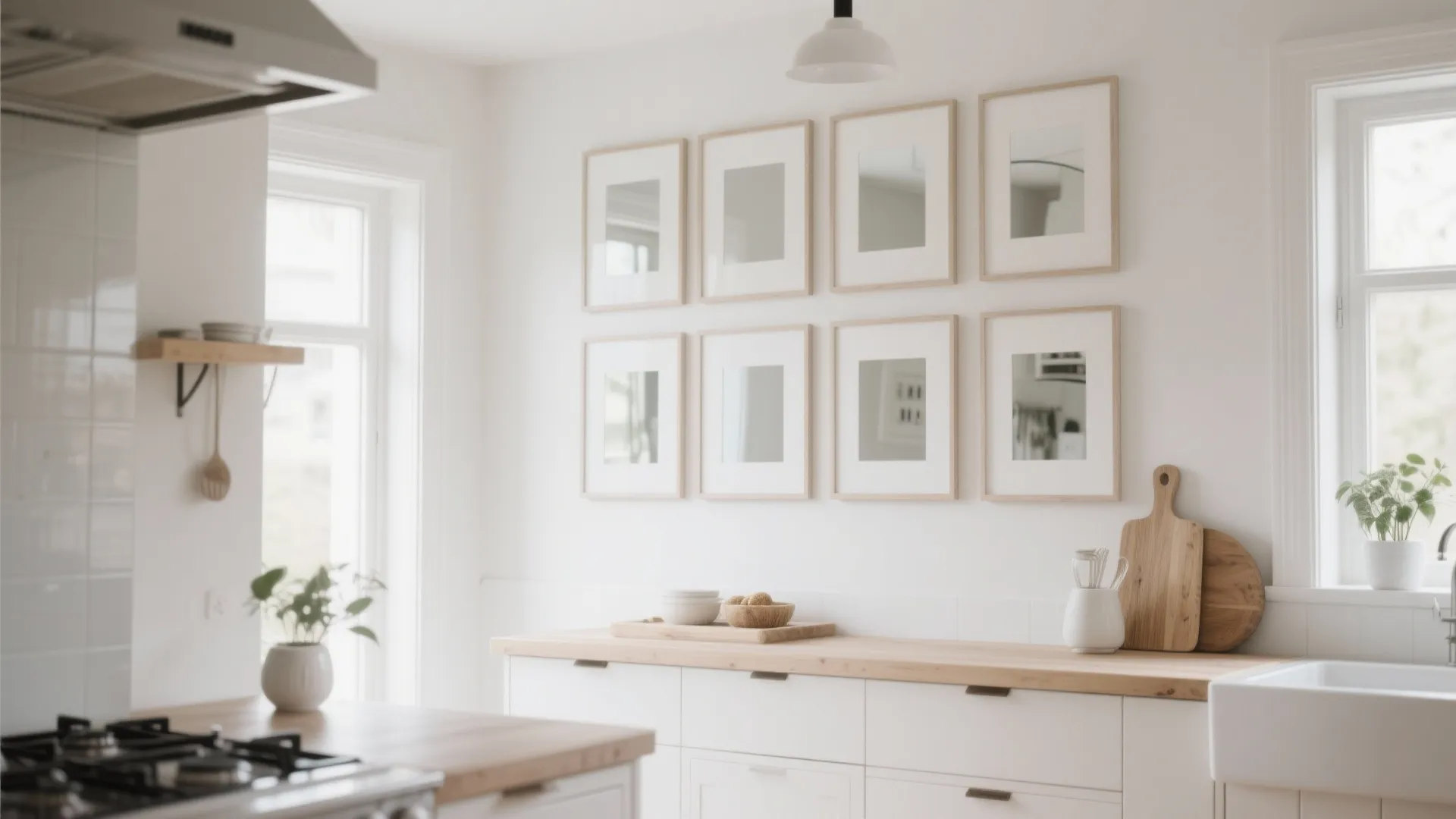 Bright kitchen with white cabinets wooden counters and eight small square mirrors on the wall