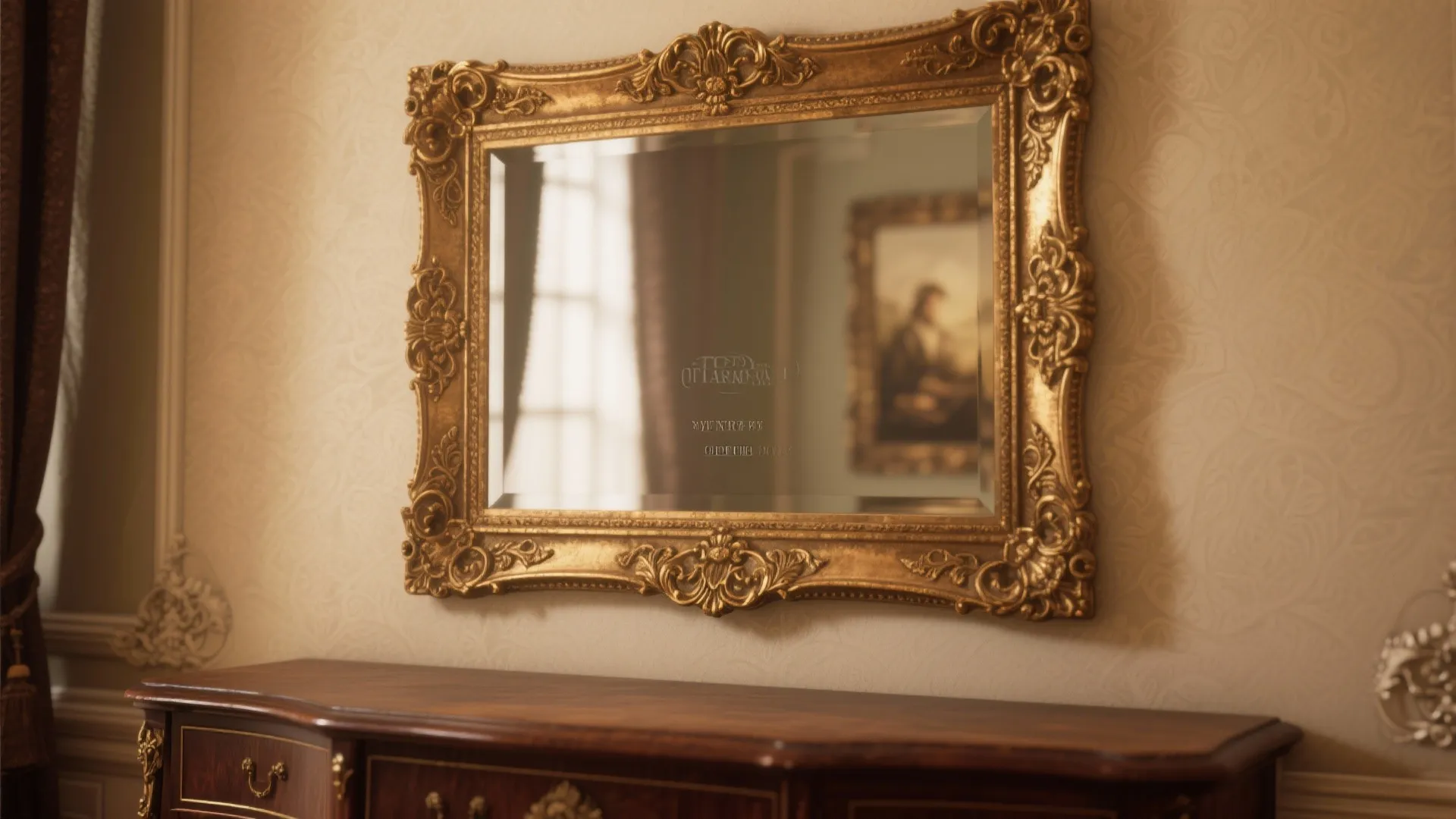 Gilt-framed mirror positioned like artwork above a Victorian sideboard, showing carved frame detail and subtle reflection.
