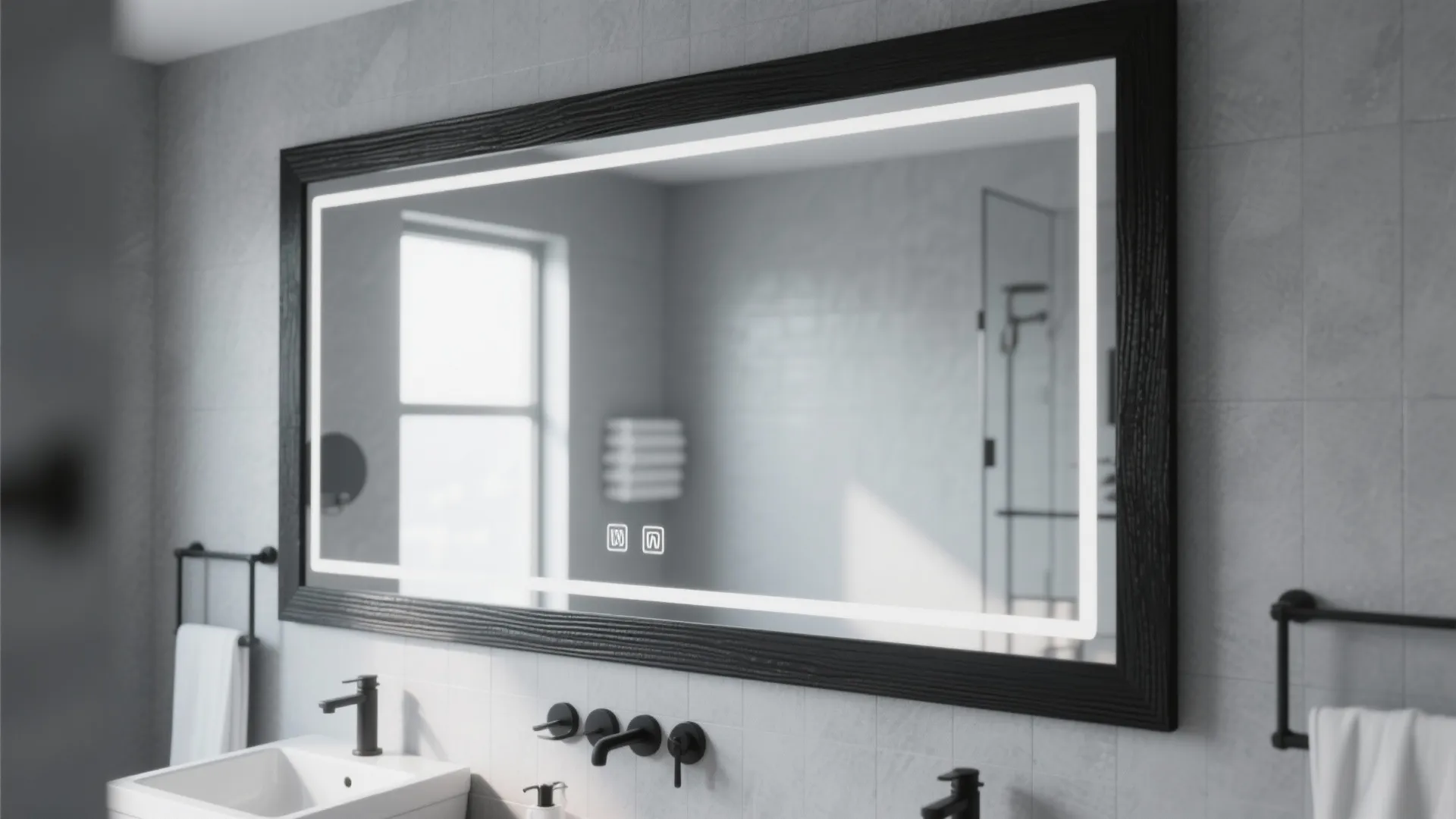 Modern bathroom with a large light up mirror black frame white sink and grey tiles
