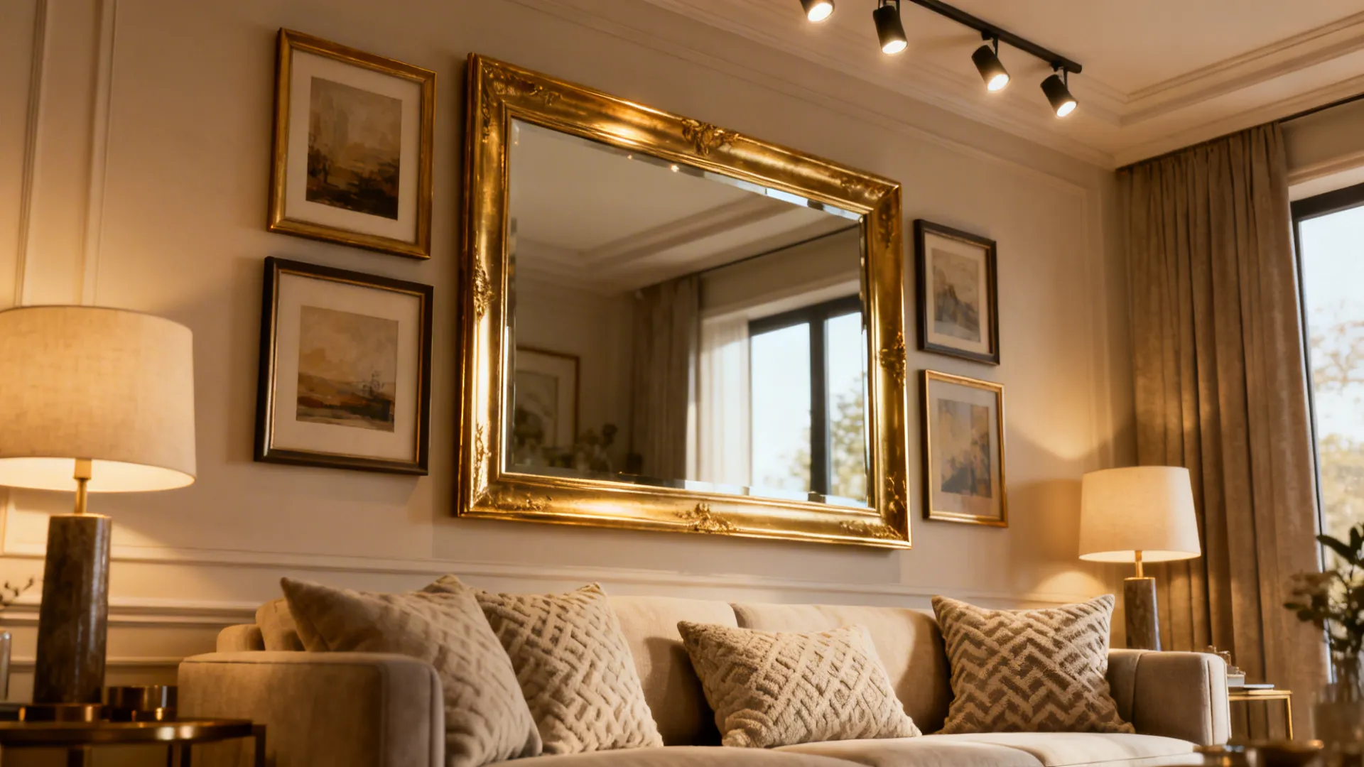 Gallery wall above a sofa paired with a large brass-framed mirror that amplifies artwork and decor.