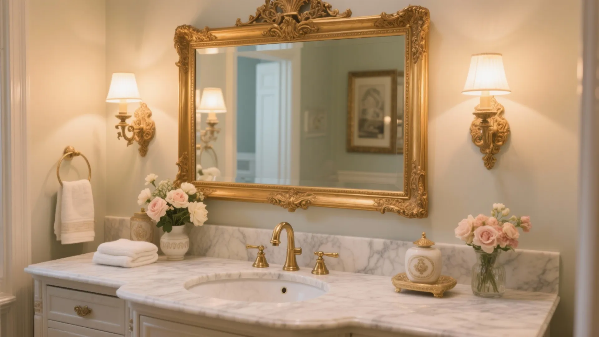 7. Framed Mirror with Decorative Sconces