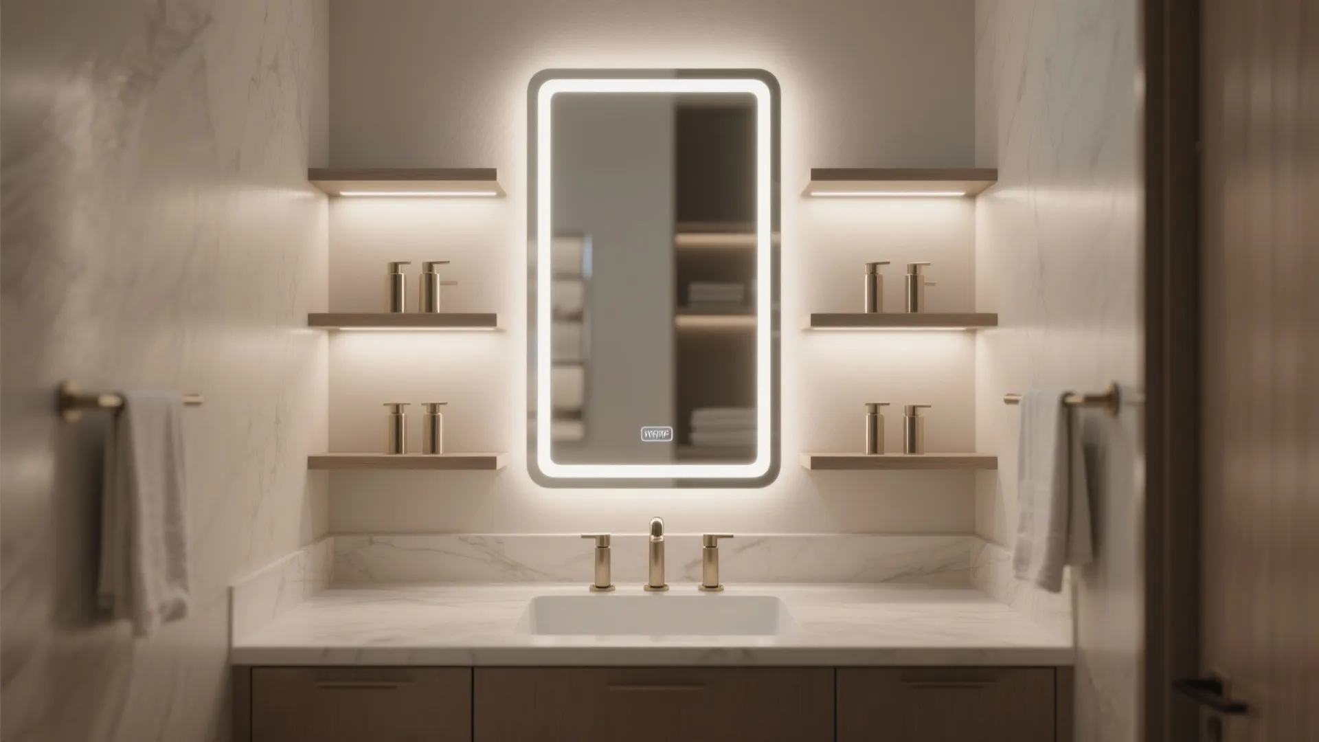Modern bathroom vanity with lighted mirror wooden shelves marble countertop gold faucets and brown cabinets design