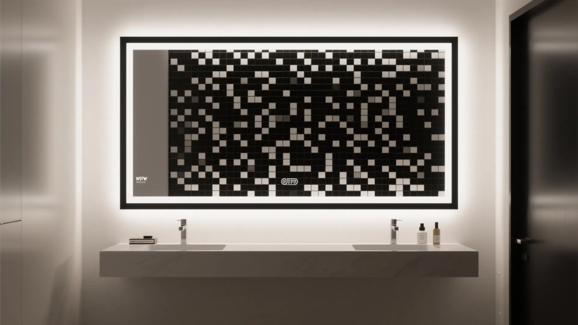 Framed black-and-white mosaic feature panel behind a floating vanity with thin matte black trim.