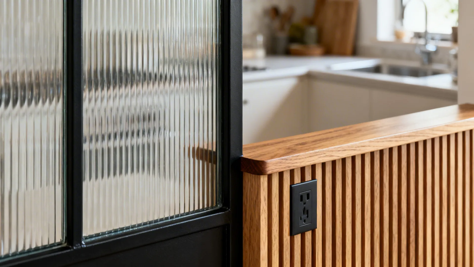 Macro of fluted glass in black frame and timber slat screen with wood-capped half-wall.