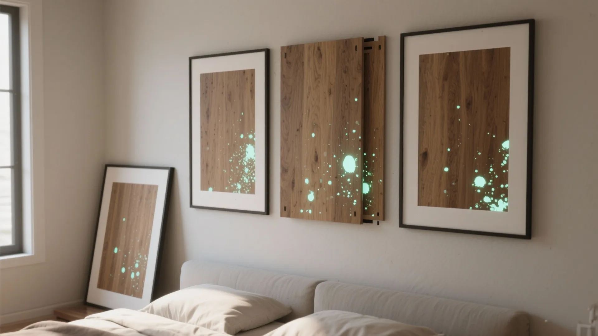Three wooden wall panels with glowing green paint splatters hanging above a minimalist grey bed
