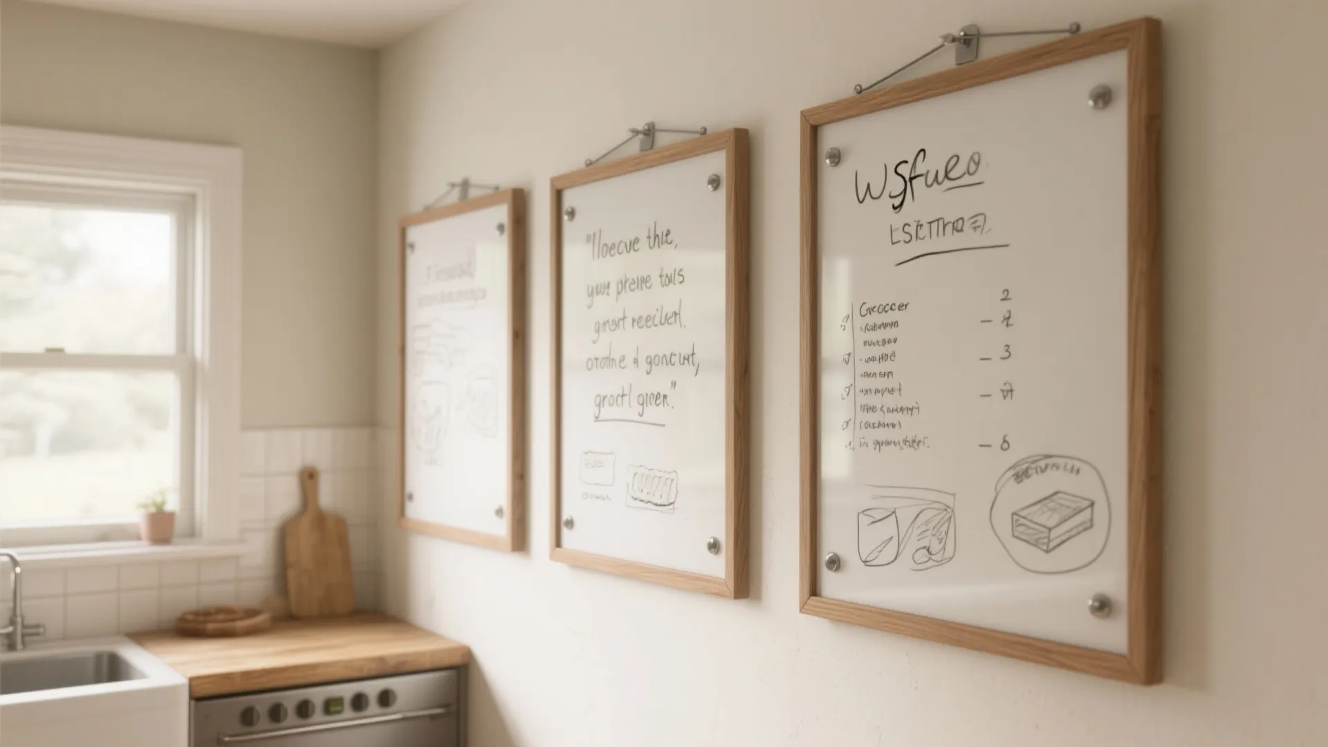 Three framed whiteboard panels mounted on a narrow kitchen wall, showing lists and quotes.