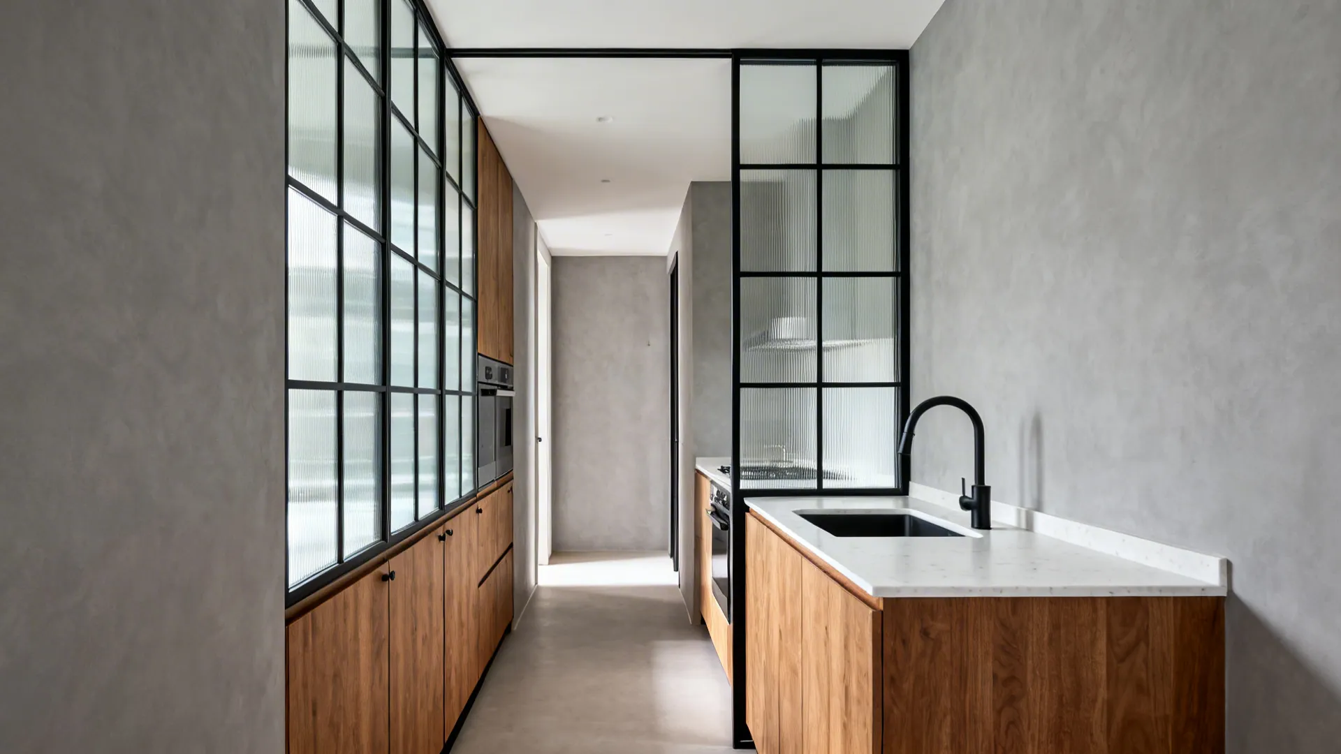 Slim black steel framed clear glass partition zoning a narrow galley kitchen.