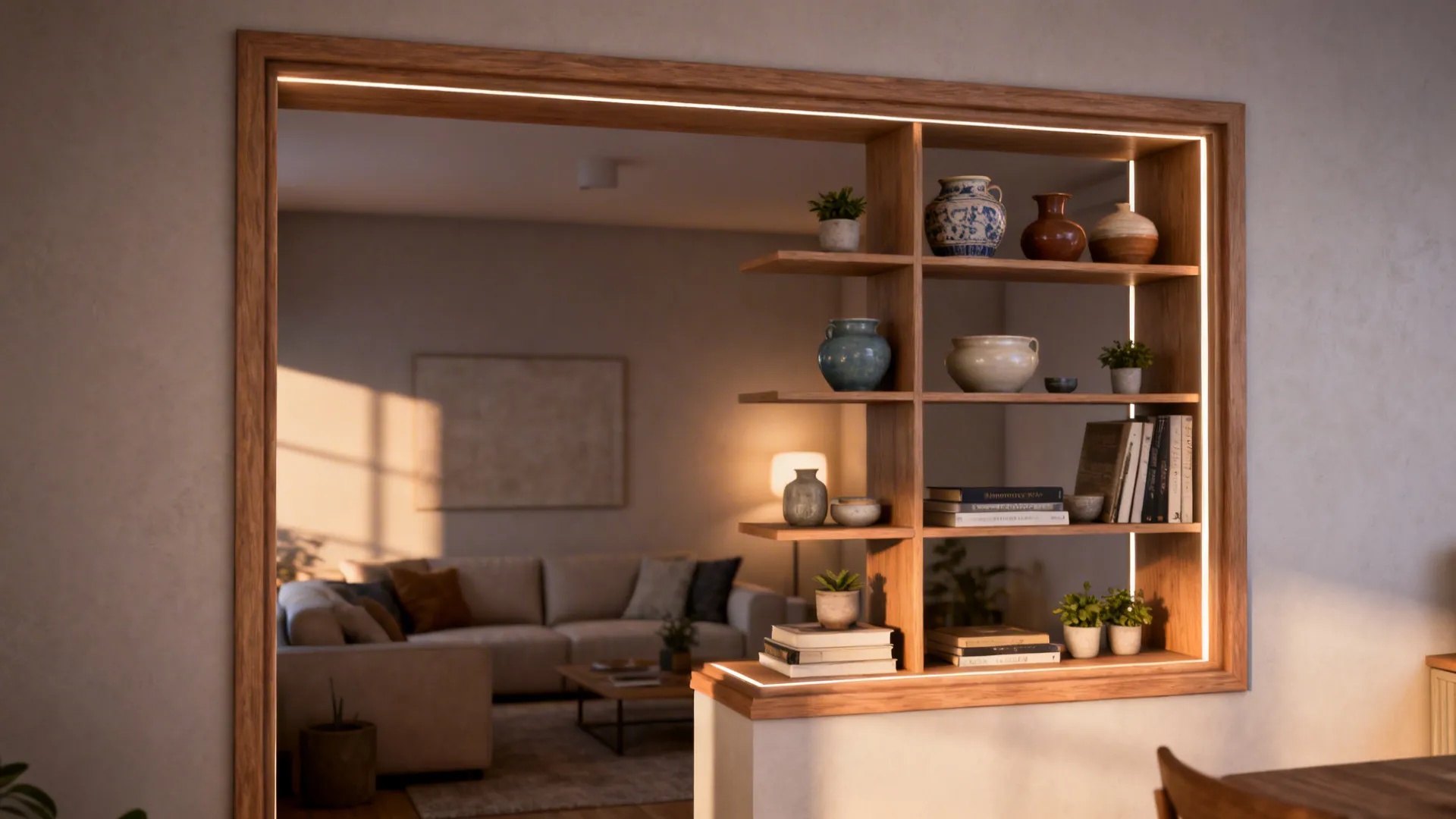 Framed pass-through with open shelves displaying ceramics and plants between kitchen and living area.