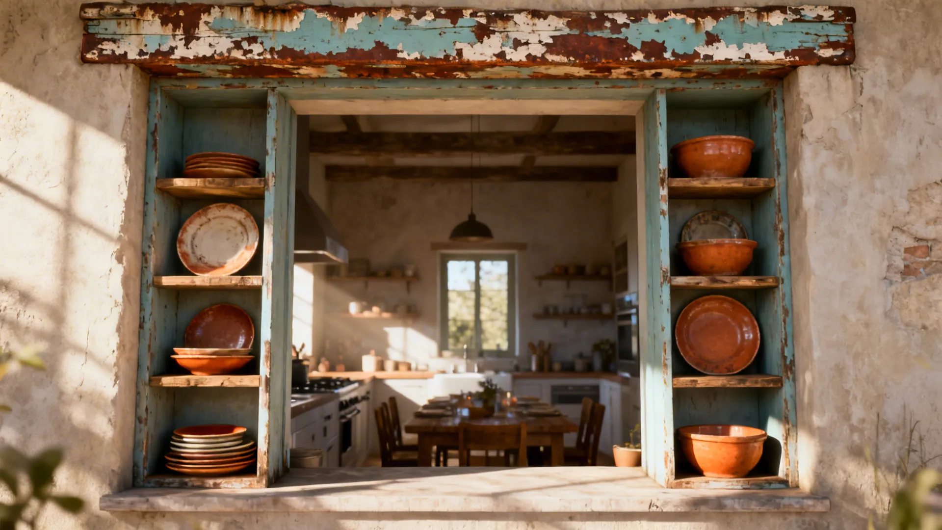 Rustic kitchen view through a window with blue wooden shelves holding clay plates and bowls