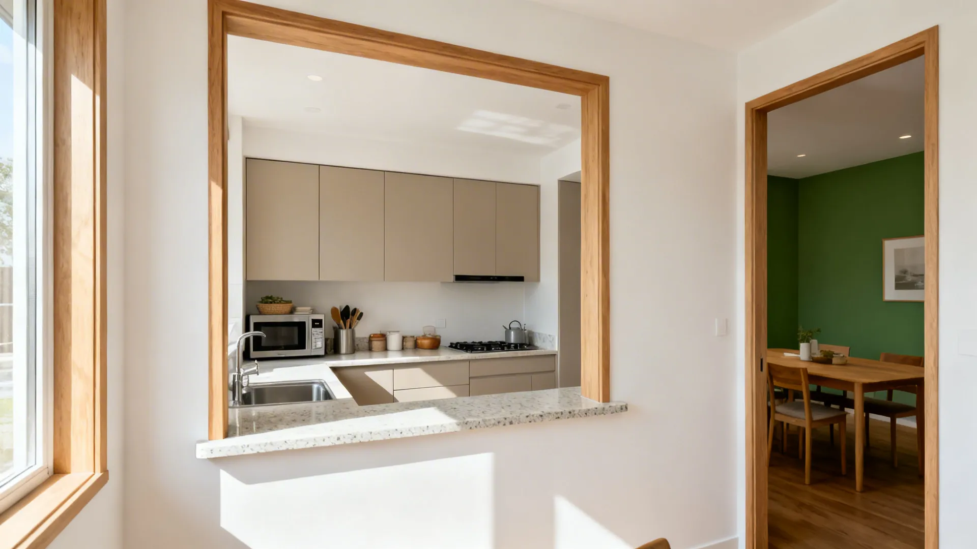 Small kitchen with a framed pass-through window and slim quartz ledge opening to dining