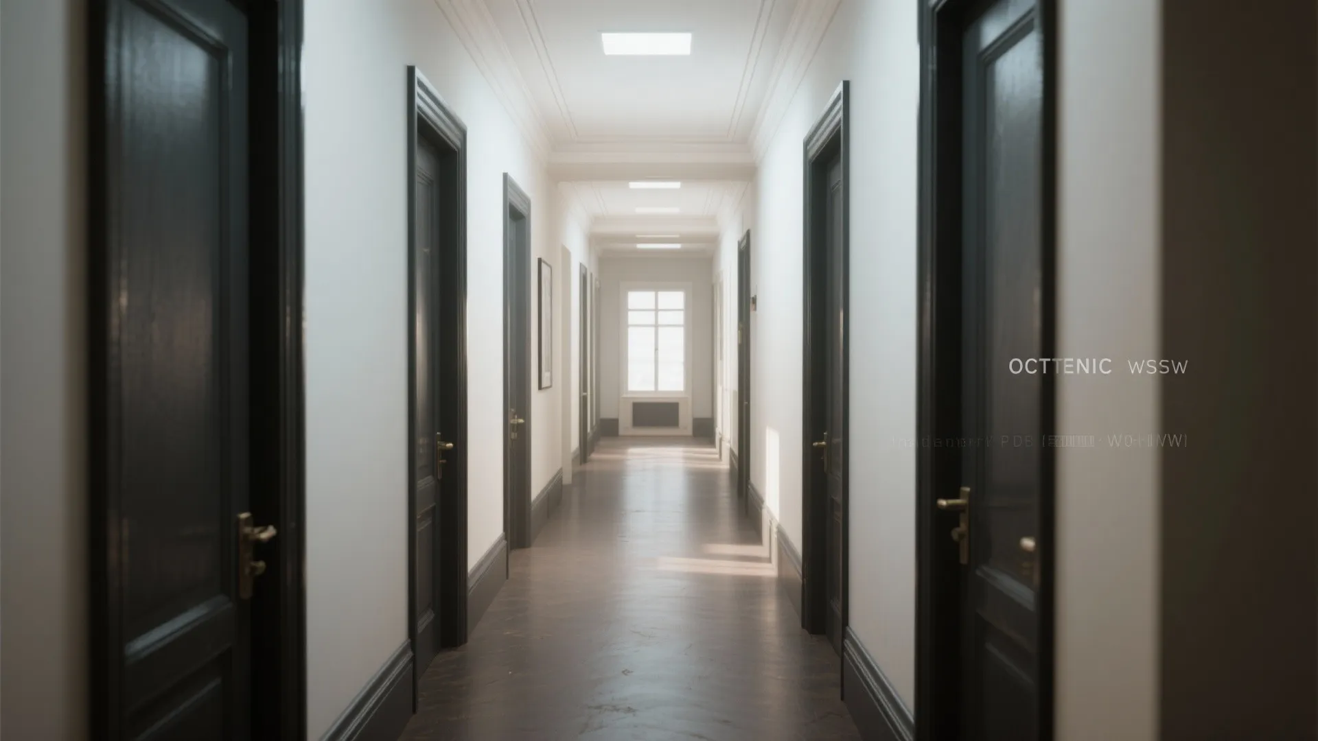 Long bright hallway with many black doors white walls wooden floor and a window end