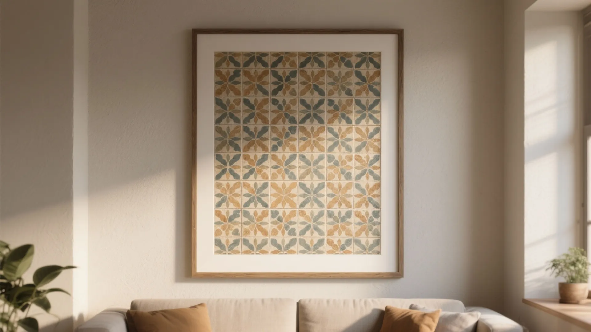 4. Patterned tiles in a framed gallery-style panel