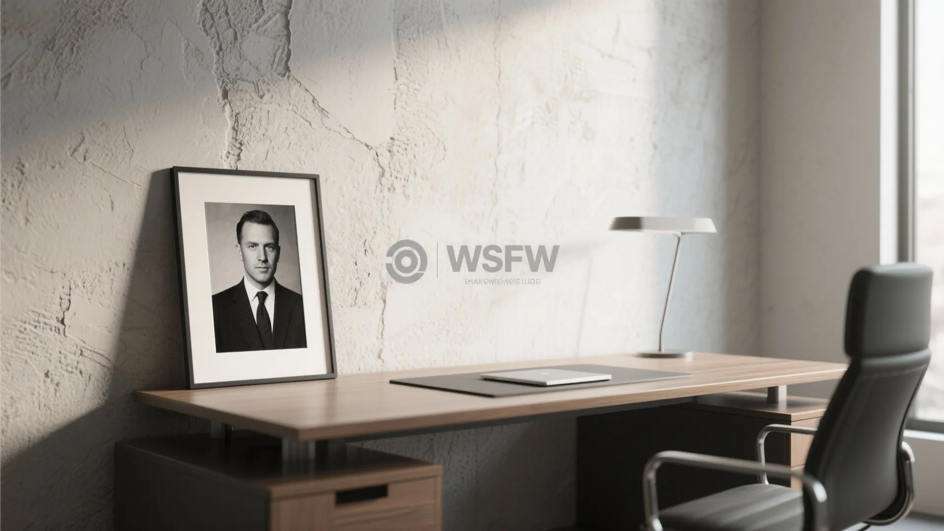 Wooden desk with framed portrait, modern desk lamp, black office chair, and textured white wall
