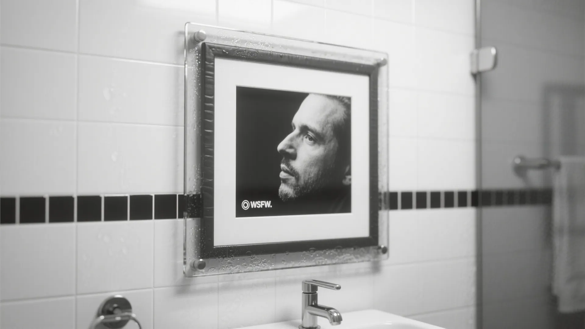 Sealed black-and-white photographic print in tempered glass frame with sealed backing and rust-resistant hardware