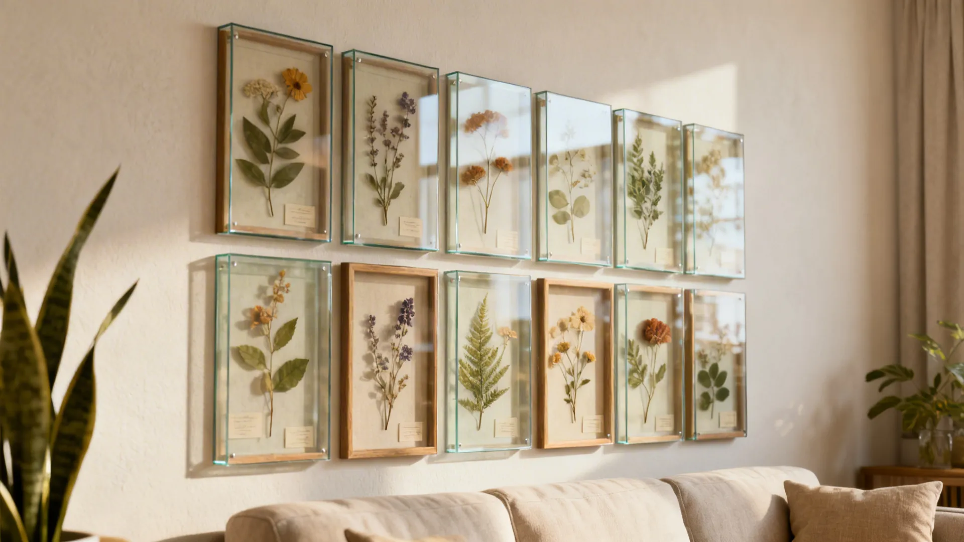 Neat grid of framed pressed botanicals with consistent spacing and soft mats