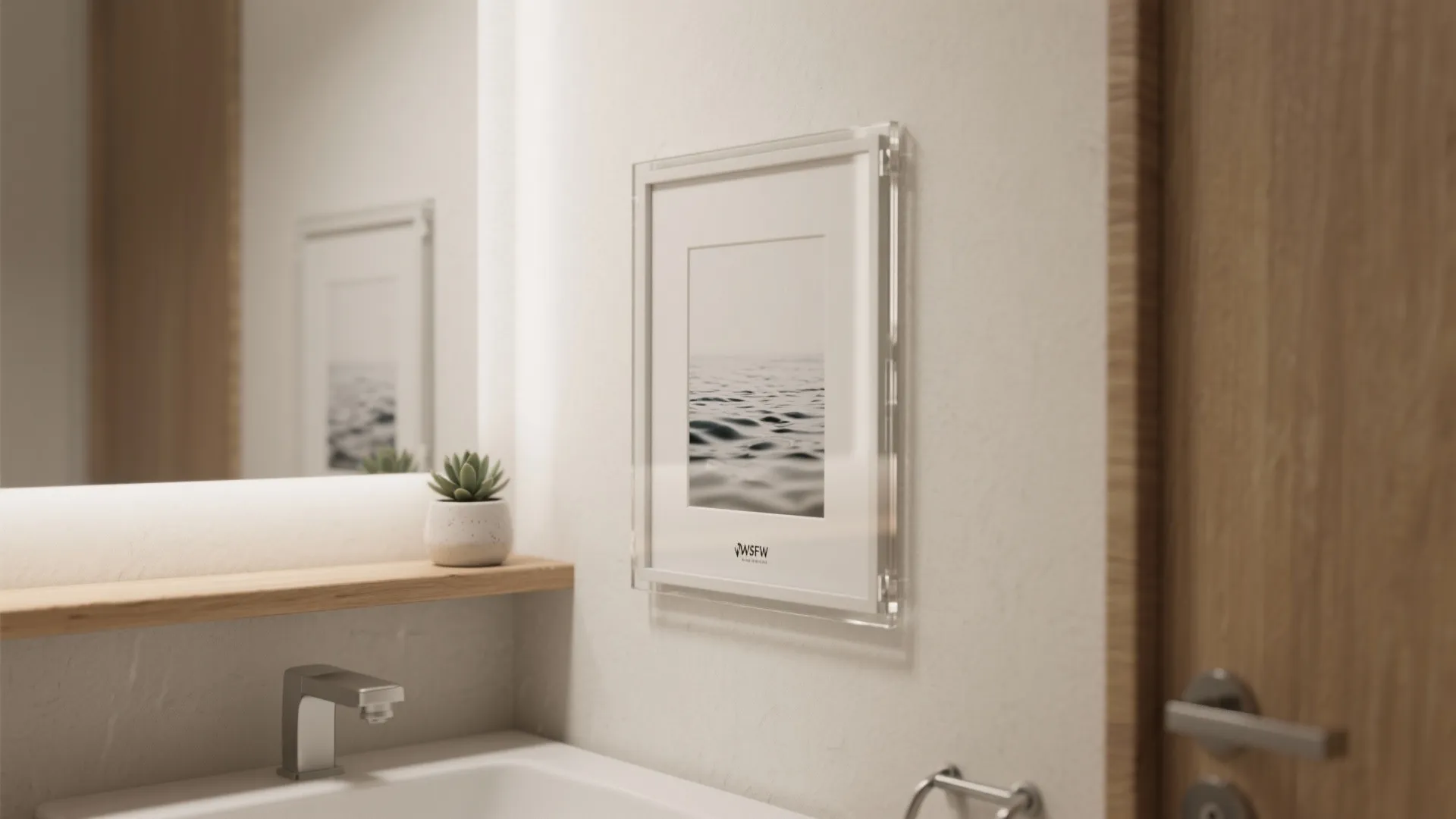 Minimalist bathroom with a small framed wave print on the wall above a white sink