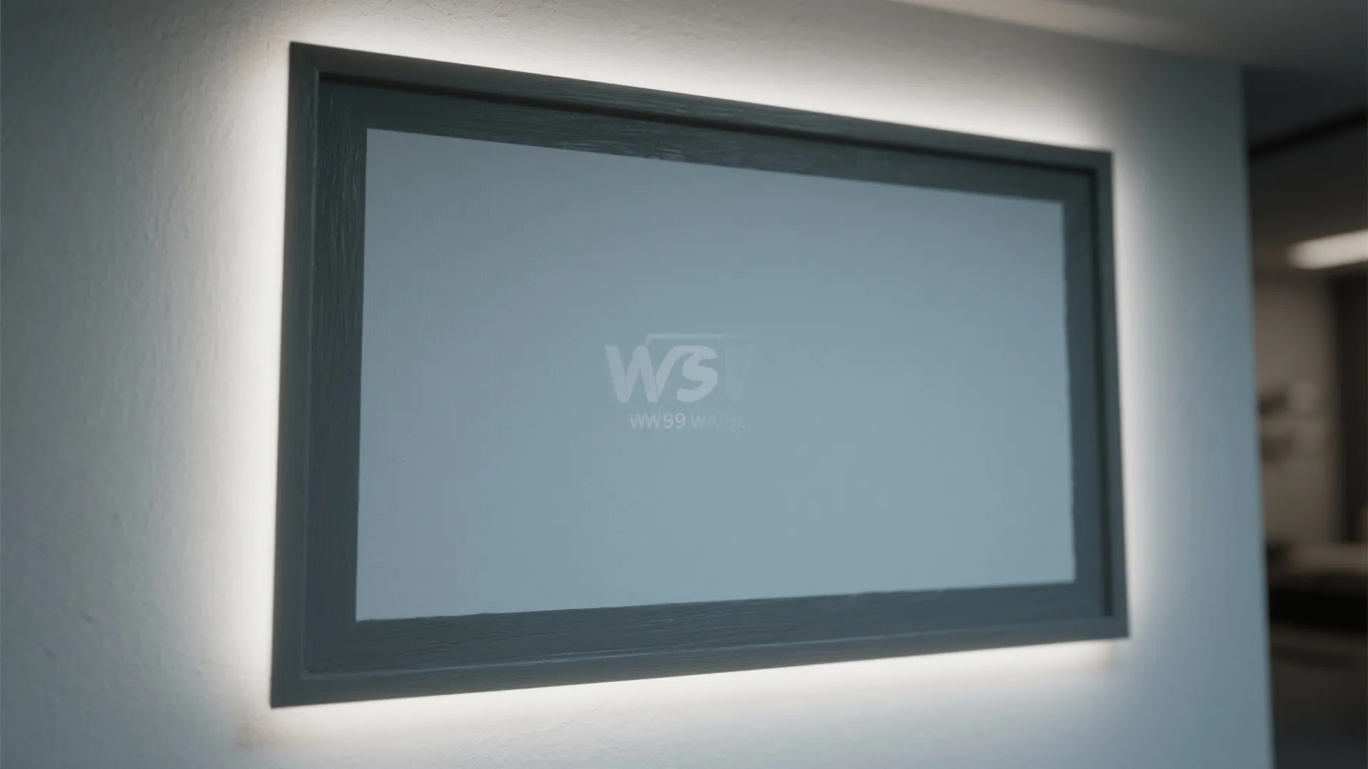 Modern rectangular wall frame with warm back lighting mounted on a clean white textured wall