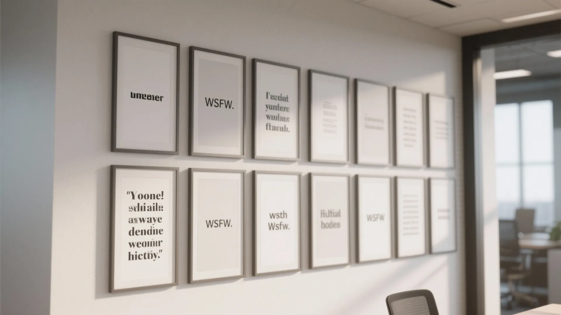 Two rows of black framed posters with text hanging on a white wall in office
