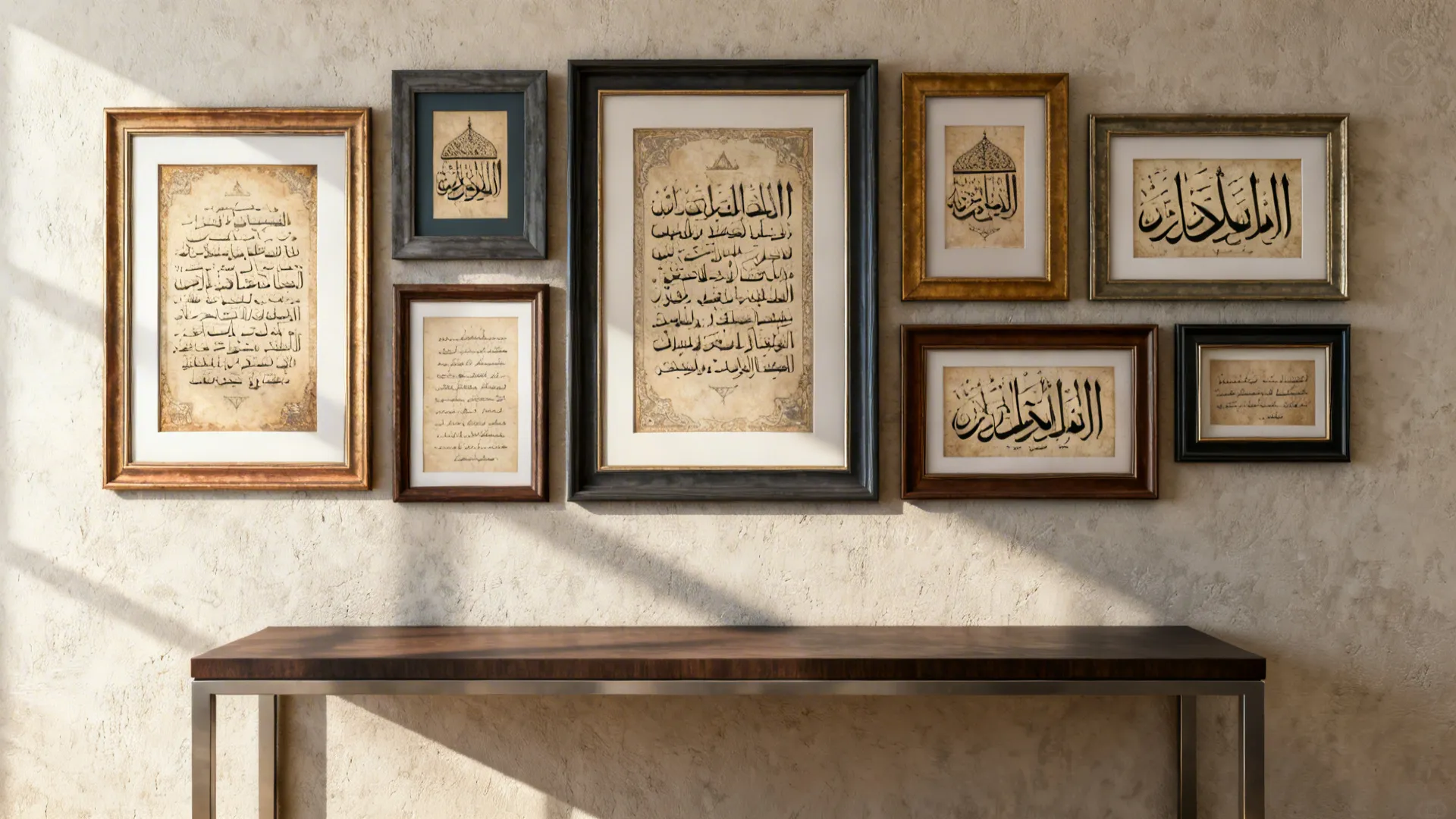 Curated gallery wall of framed Quranic verses with mixed frame sizes and neutral mats