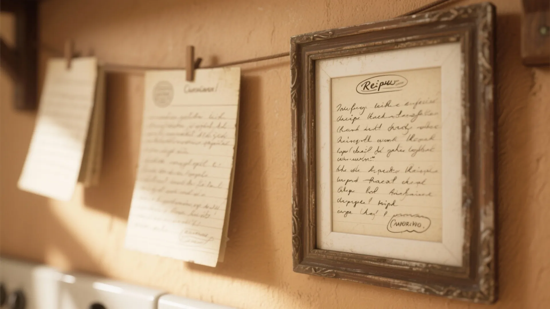 Handwritten recipe cards hanging on a string and one card displayed in a wooden frame